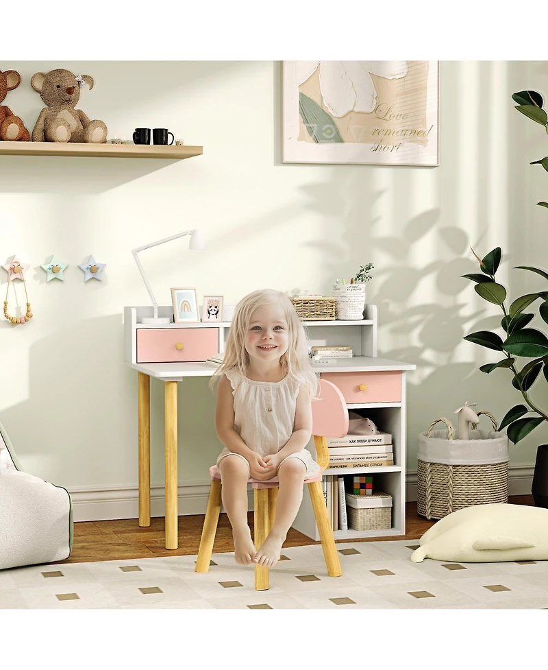 Qaba Kids Desk and Chair Set w/ Storage, for Girls Boys 3-8 Years,