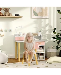 Qaba Kids Desk and Chair Set w/ Storage, for Girls Boys 3-8 Years,