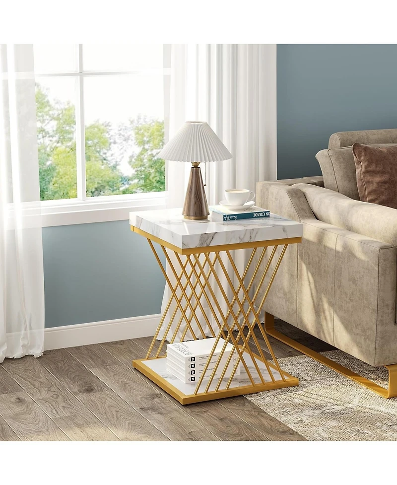 Tribesigns Set of 2 Square End Table, White Gold 2-Tier Side Table, Modern Small Bedside Table with Storage for Couch, Sofa Side Table with Stylish Me