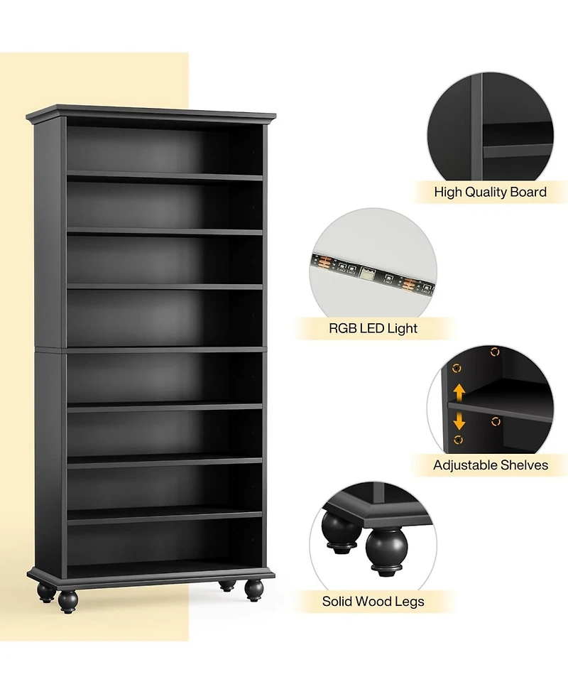 Tribesigns 69-Inch Tall Bookcase with Led Lighting, Modern 9-Tier Freestanding Bookshelf Solid Wood Legs, Wooden Open Display Shelf Organizer for