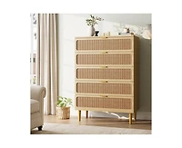 Rattan 5 Drawer Dresser for Bedroom, Tall Dresser with Deep Drawers, Large Chest of Drawers for Closet with Wide Top