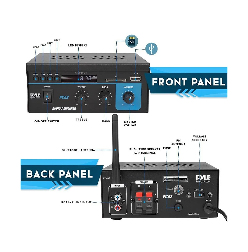 Pyle Compact Bluetooth Stereo Power Amplifier, 2 x 40W