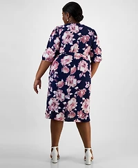Connected Plus Printed Blouson-Sleeve Faux-Wrap Midi Dress