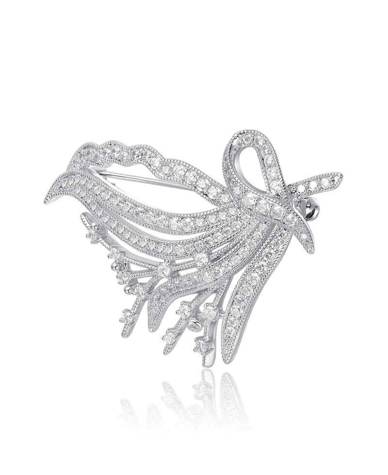 White Gold Plated with Clear Cubic Zirconia Flowing Petals Floral Brooch
