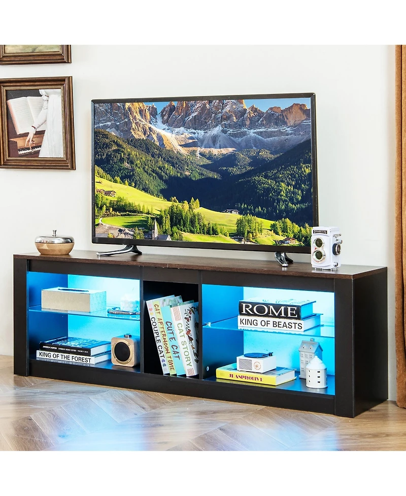 Gymax Tv Stand w/ Led Light for TVs up to 65 inch w/ Adjustable Tempered Glass Shelves
