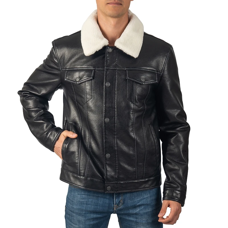 Alpine Swiss Men's Aaron Fitted Trucker Jacket Sherpa Collar Faux Leather Casual Coat