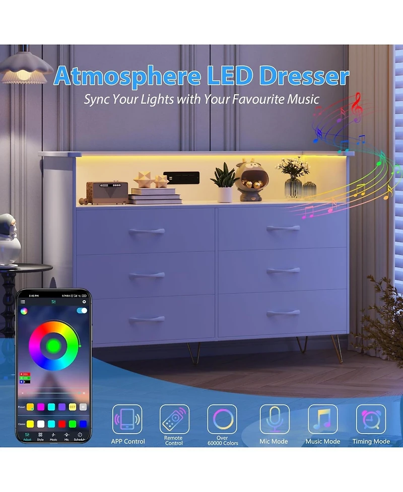 gaomon Dresser in Black Large Dresser for Bedroom with Power Outlet and Led Lights Storage Cabinet with 6 Drawers and 2 Open Shelves for Living Room,