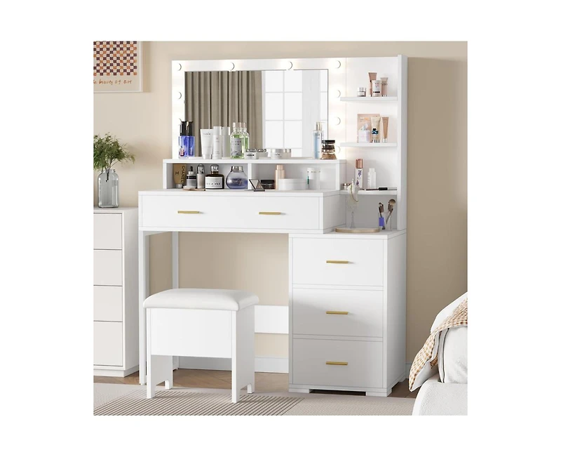 gaomon Vanity Desk, Makeup Vanity Table with Mirror & 9 Led Light Bulbs, 4 Large Drawers and 3 Tiers of Open Shelves for Bedroom