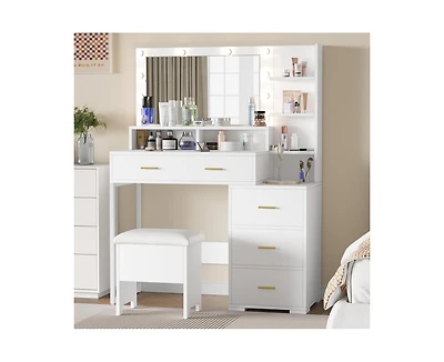 gaomon Vanity Desk, Makeup Vanity Table with Mirror & 9 Led Light Bulbs, 4 Large Drawers and 3 Tiers of Open Shelves for Bedroom