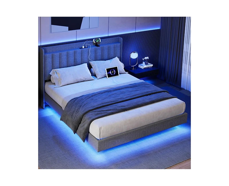 gaomon Full Size Floating Bed Frame with Led Lights, Upholstered Platform Full Bed Frame with Charging Station & Storage Headboard