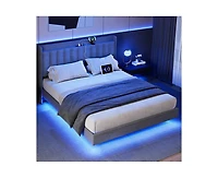 gaomon Full Size Floating Bed Frame with Led Lights, Upholstered Platform Full Bed Frame with Charging Station & Storage Headboard