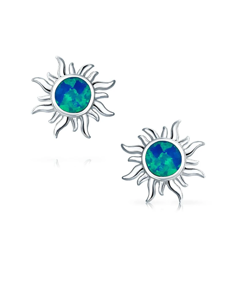 Bling Jewelry Iridescent Celestial Summer Vacation Sun Beach Fun Created Synthetic Blue Mexican Opal Sunburst Stud Earrings .925 Sterling Silver