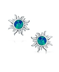Bling Jewelry Iridescent Celestial Summer Vacation Sun Beach Fun Created Synthetic Blue Mexican Opal Sunburst Stud Earrings .925 Sterling Silver