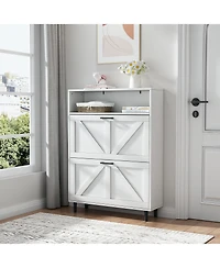 Farmhouse Shoe Storage Cabinet with Barn Door Design, Shoe Organizer with 2 Flip Drawers