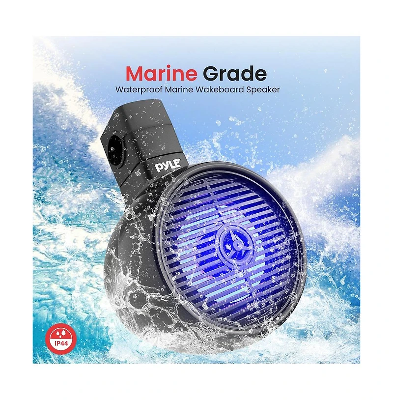 Pyle 8'' Marine Bluetooth Wakeboard Speaker System with Led Lights, 300W, Black