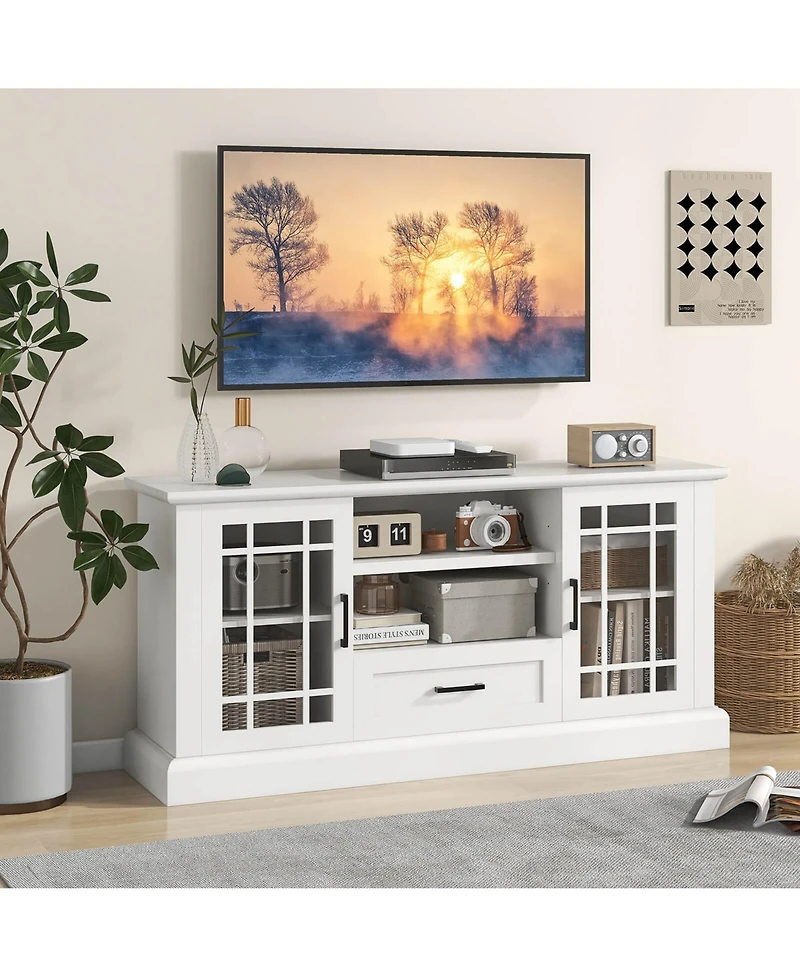 Gymax Farmhouse Tv Stand for TVs up to 70'' Media Center w/Glass Doors Cubbies & Drawer