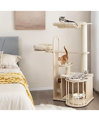 Gymax 55'' Tall Cat Tree Tower Multi-Layer Wooden Activity Center w/ Rest Condo & Hammock