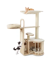 Gymax 55'' Tall Cat Tree Tower Multi-Layer Wooden Activity Center w/ Rest Condo & Hammock