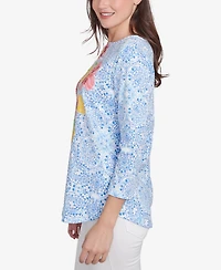Ruby Rd. Petite Medallion Bold Floral Three Quarter Sleeve T-Shirt