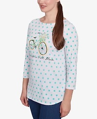 Ruby Rd. Petite Bicycle Bloom Polka Dot Three Quarter Sleeve T-Shirt