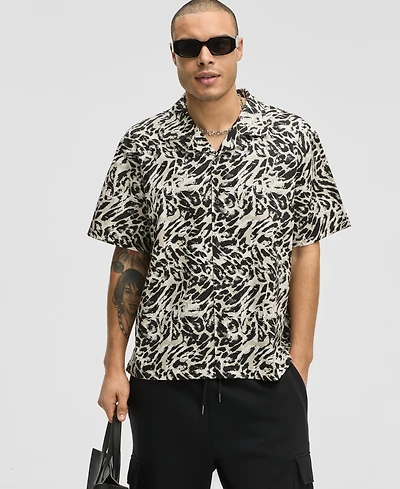 Mode of One Men's Relaxed-Fit Leopard-Print Button-Down Camp Shirt, Exclusively at Macy's