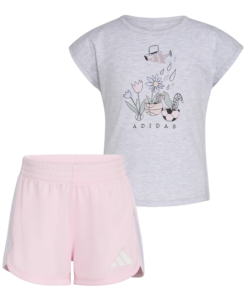 adidas Toddler & Little Girls Short-Sleeve Graphic Heather T-Shirt & Mesh Shorts, 2 Piece Set