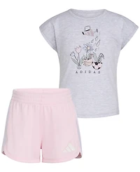 adidas Toddler & Little Girls Short-Sleeve Graphic Heather T-Shirt & Mesh Shorts, 2 Piece Set