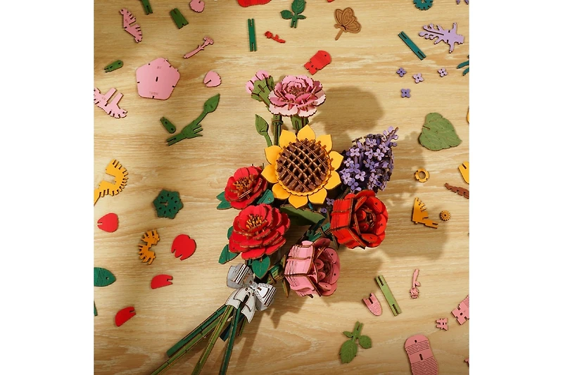 Robotime 3D Wooden Puzzle Red Rose Diy Model Building Kits Artifical Flower Toys, Red, 3.3"2.5"8.2"