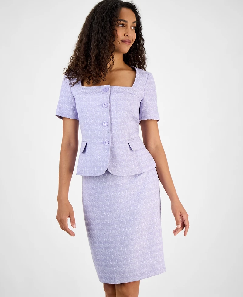 Le Suit Women's Tweed Square-Neck Button-Front Jacket & Slim Skirt, Regular Petite