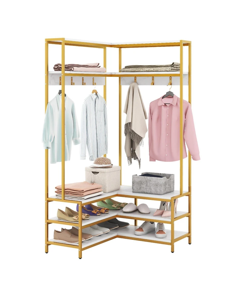 Gouun Corner Garment Rack with Open Shelves and 7 Hooks Shoe Bench