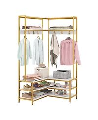 Gouun Corner Garment Rack with Open Shelves and 7 Hooks Shoe Bench