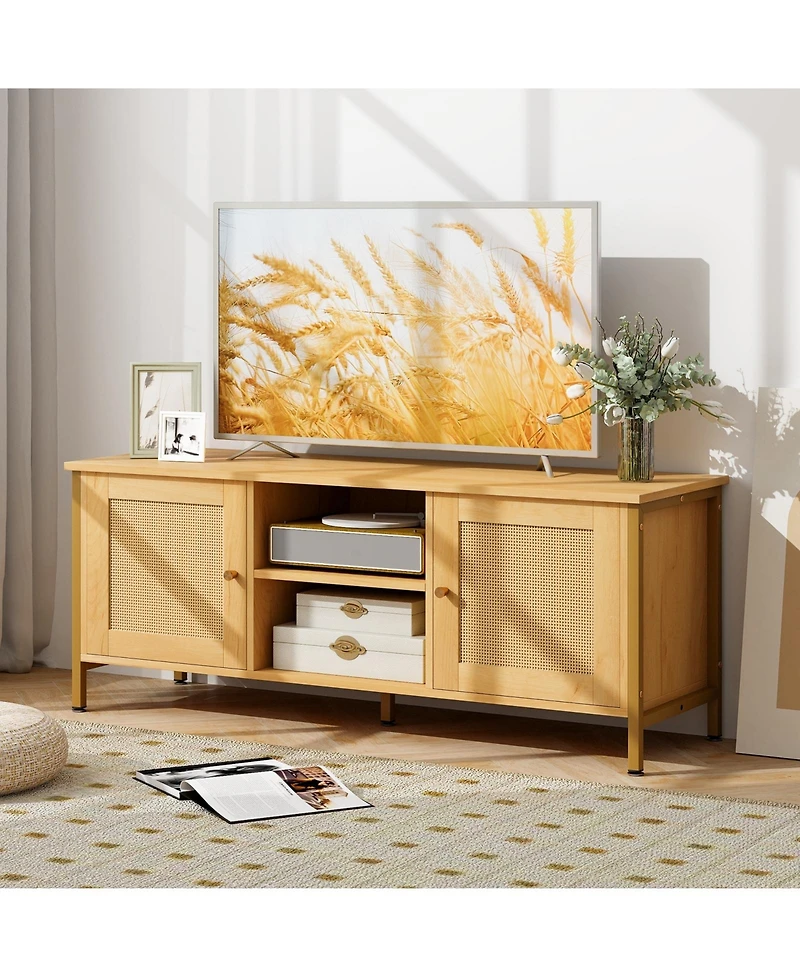 Gymax Boho Tv Stand for Tv up to 55'' w/ Faux Rattan Door Side Cabinet & Open Shelf