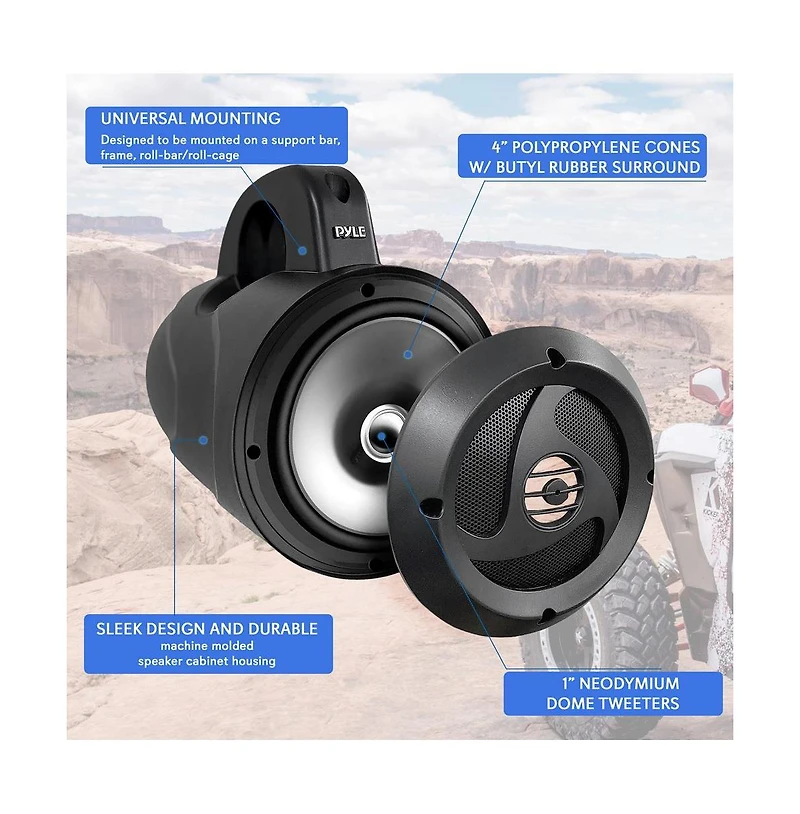 Pyle 4” Waterproof Off-Road Speakers, 900W, Compact Power Sport System (Pair)