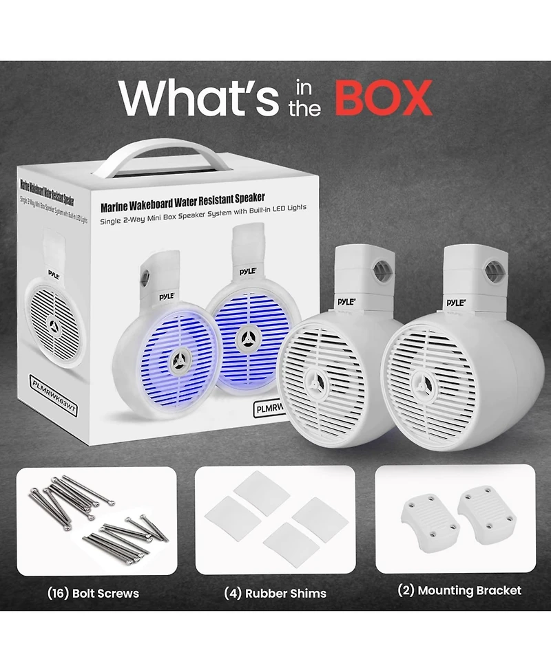 Pyle 6.5'' Marine Wakeboard Speaker System with Built-in Led Lights, 200W, White