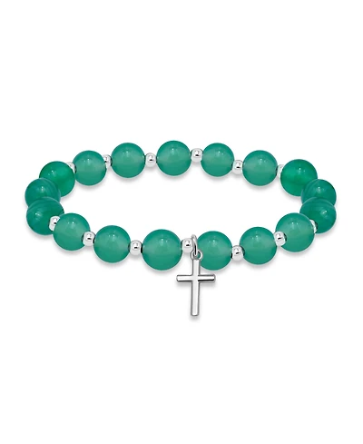 Macy's Silver-Plated Beaded Cross Charm Stretch Bracelet
