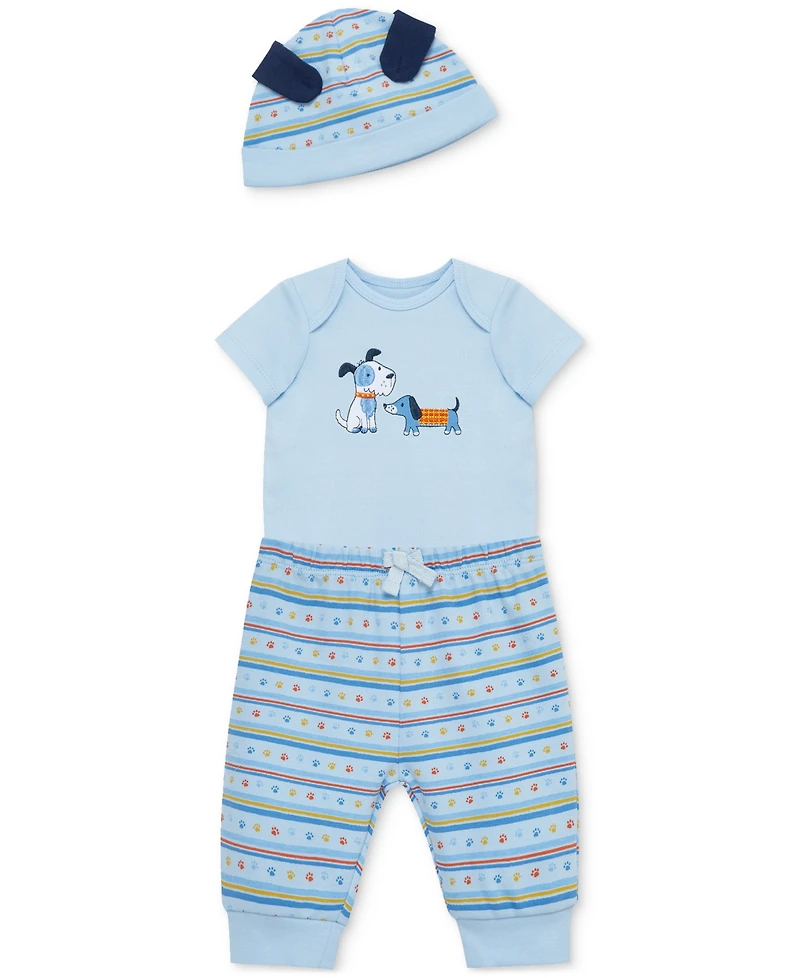 Little Me Baby Boys Puppies Cotton Bodysuit, Hat & Pants, 3 Piece Set