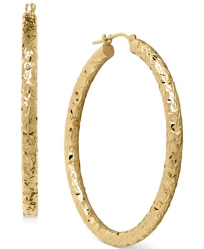 Macys Textured Diamond Cut Hoop Earrings In 14k Yellow Gold