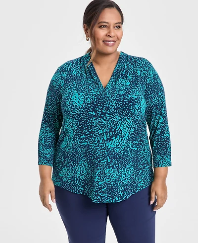 Jm Collection Plus Size Printed 3/4-Sleeve Top, Exclusively at Macy's