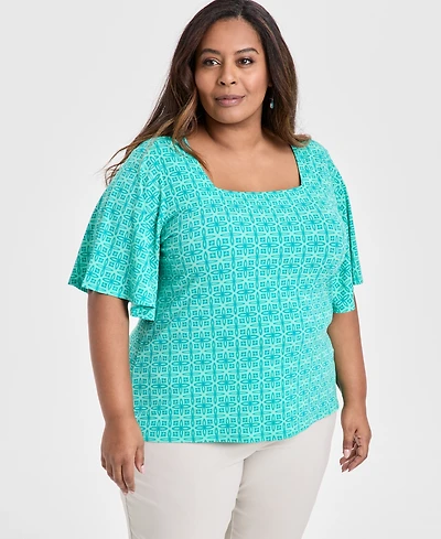 Jm Collection Plus Size Printed Square-Neck Short-Sleeve Top, Exclusively at Macy's