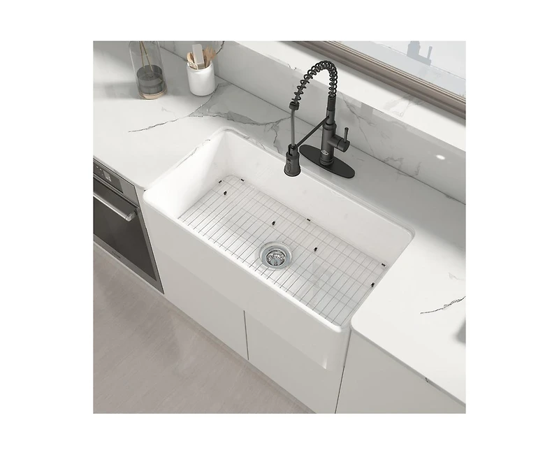 Casainc 33inch L x 18inch W Single Bowl Fireclay Farmhouse Kitchen Sink with Sink Grid