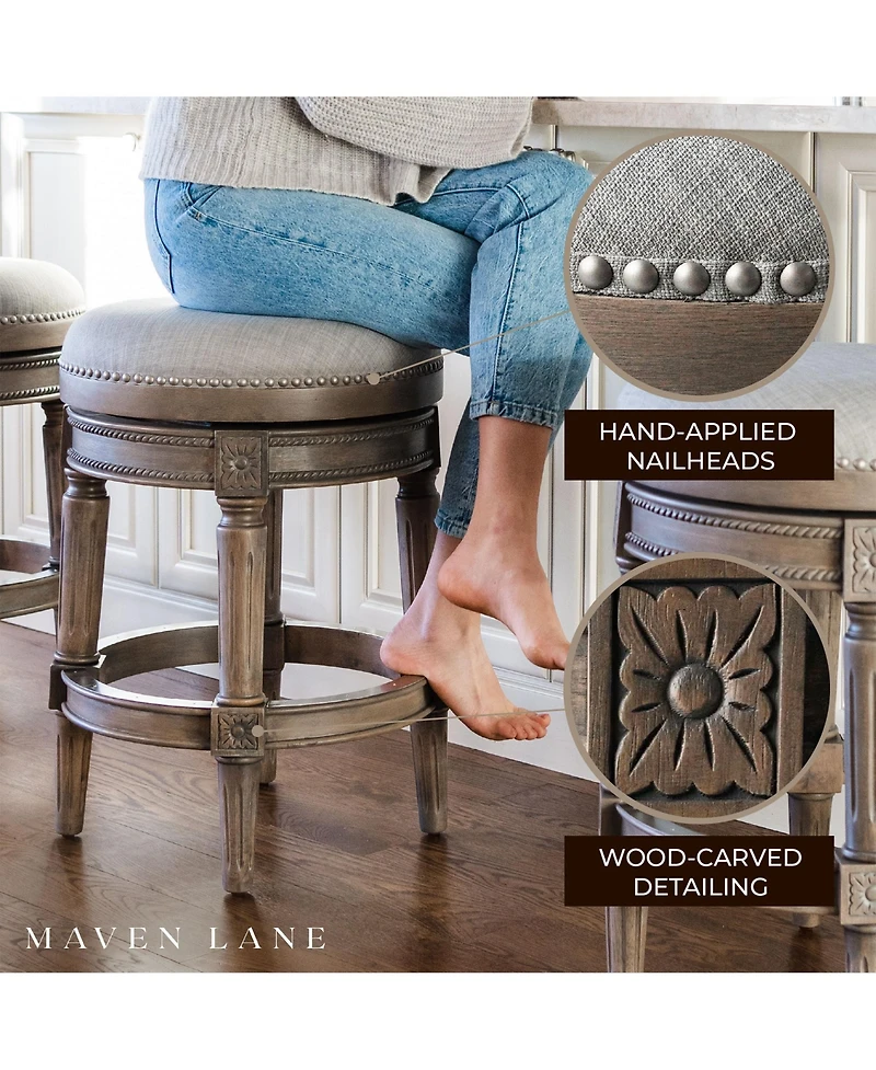 Maven Lane Pullman Backless Counter Stool in Reclaimed Oak Finish with Ash Grey Fabric Upholstery, Set of 3