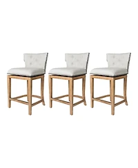 Maven Lane Hugo Counter Stool, Weathered Oak w/ Sand Fabric Upholstery, Set of 3