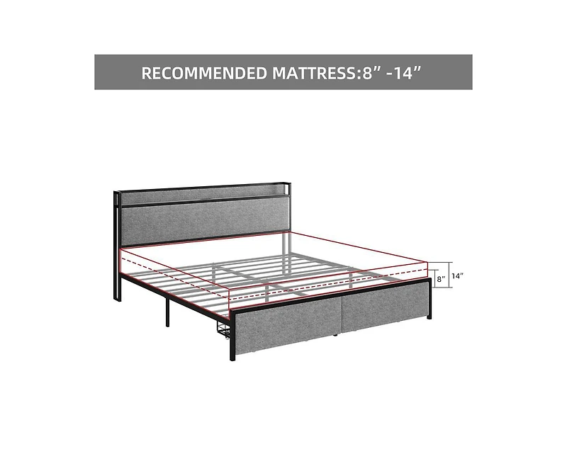 gaomon King Size Bed Frame with Charging Station and 2 Storage Drawer, Upholstered Platform Bed with Headboard, Usb Port & Outlets, No Box Spring Need