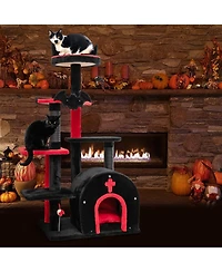 Gymax 6-Tier Gothic Cat Tree 53'' Tall Cat Tower w/ Cat Bed Arch-Shaped Condo Pompom
