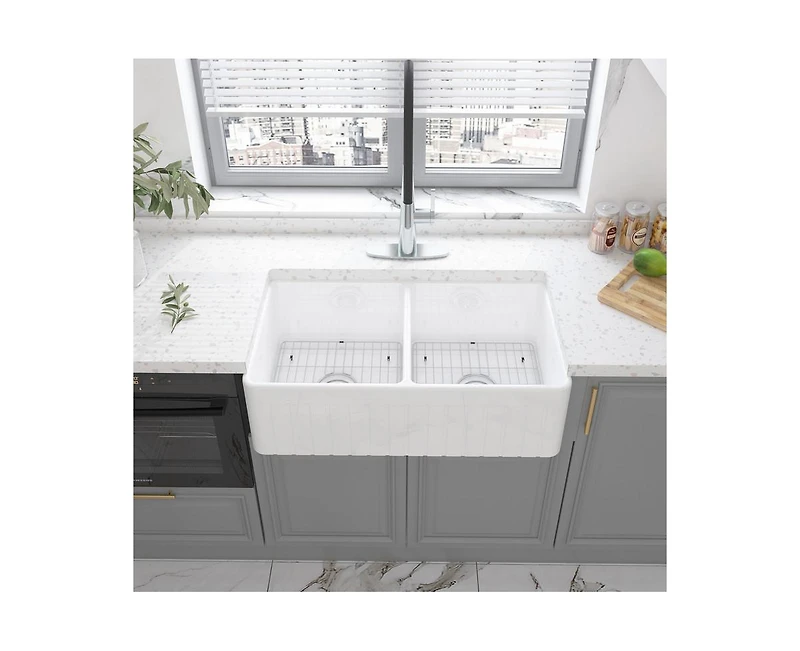 Casainc 33inch L x 18inch W Double Bowl Fireclay Farmhouse Kitchen Sink with Sink Grid