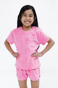 Barbie Girls French Terry Drop Shoulder T-Shirt and Dolphin Shorts Outfit Set