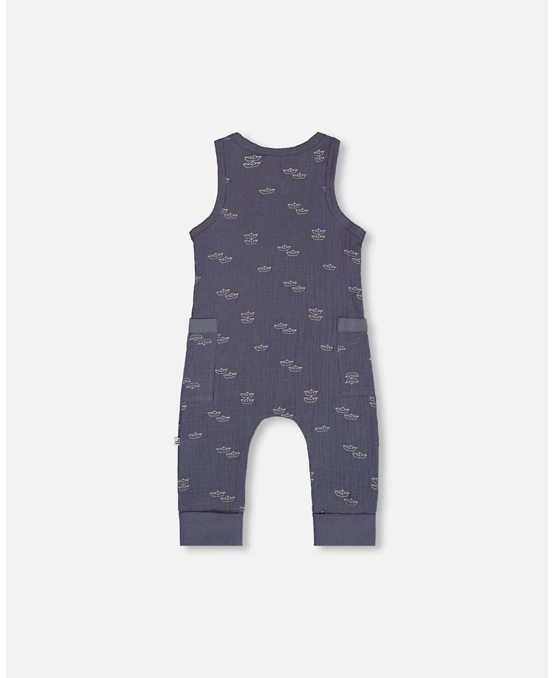 Deux par Baby Boys Printed Muslin One-Piece Jumpsuit Navy Blue Paper Boats