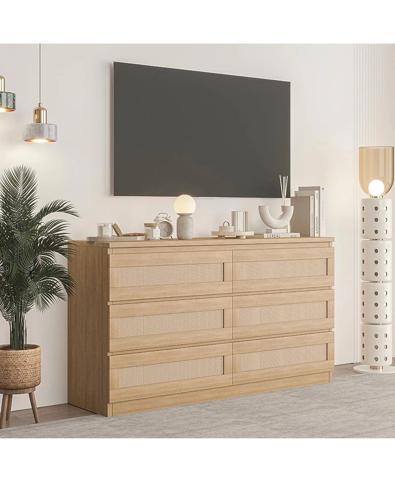 gaomon Rattan Dresser for Bedroom, Modern 6 Drawer Double Dresser with Anti-Tip Kit