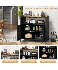 Gouun Rattan Storage Cabinet with Acacia Wood Countertop for Poolside Deck and Patio