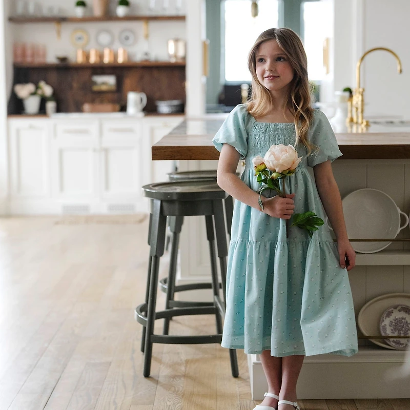 Hope & Henry Girls' Linen Smocked Short Bubble Sleeve Dress, Toddler